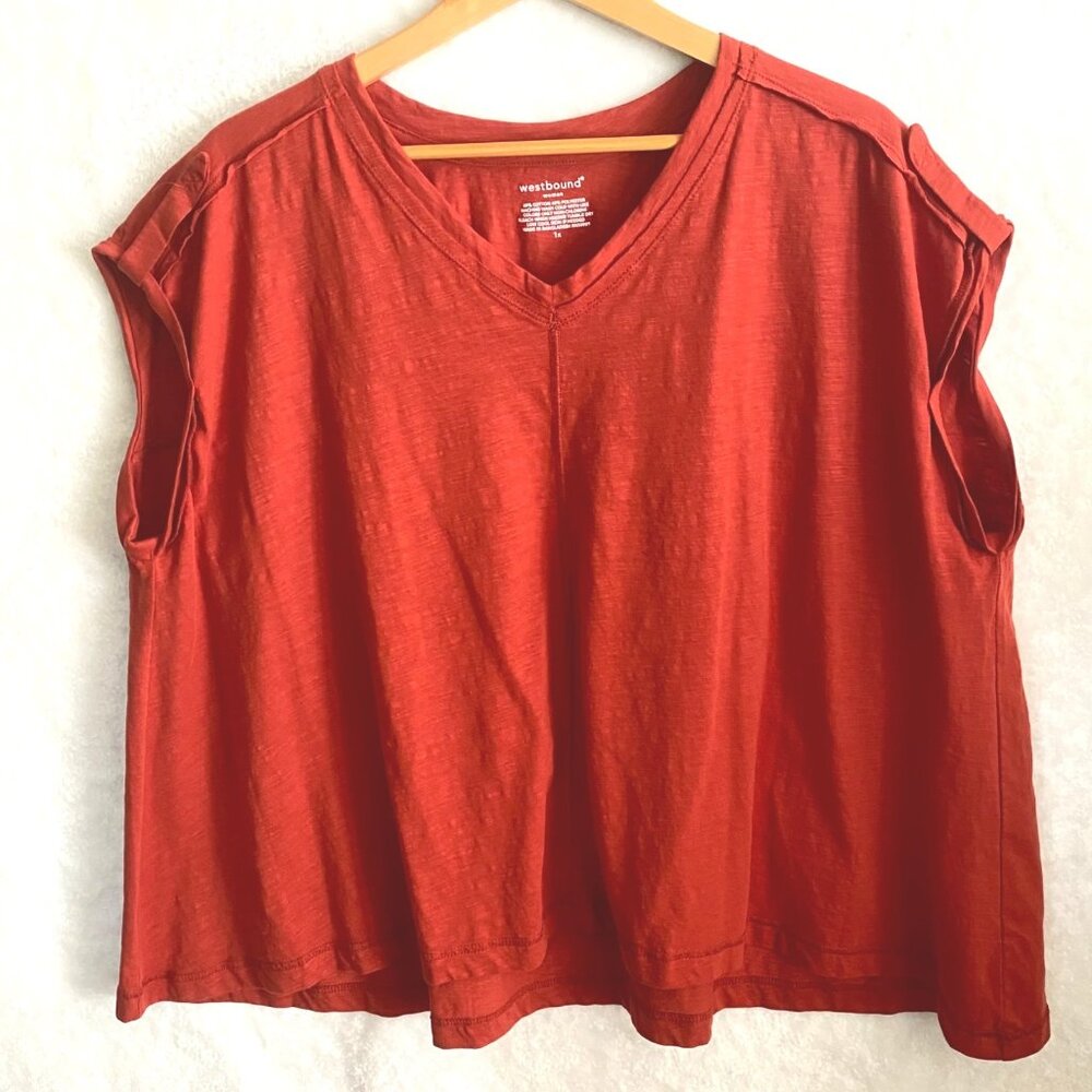 Westbound woman wide cute v-neck t-shirt tee gathered back size 1X rust boxy